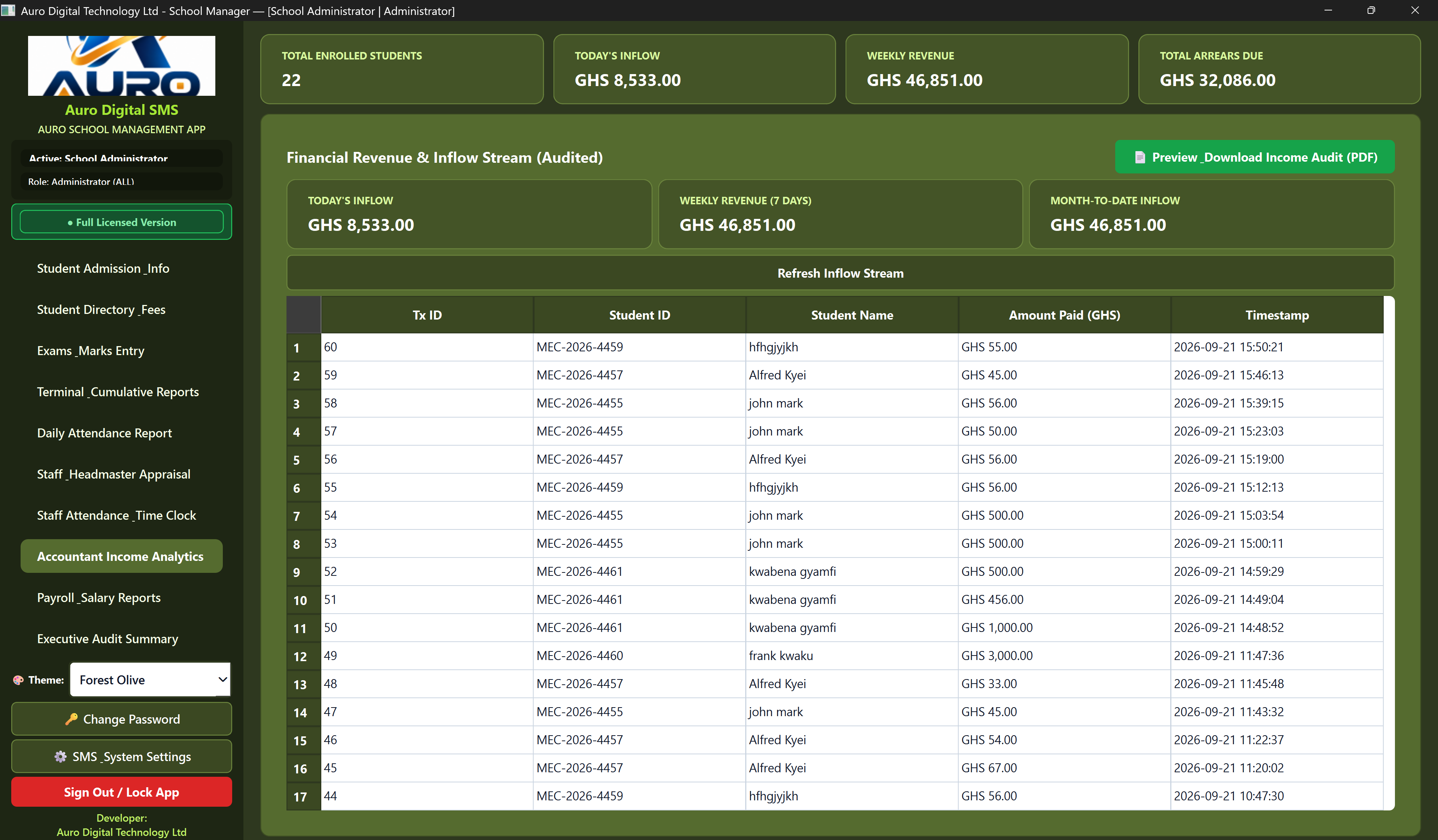 Earlier AuroPro income reports screen showing fictional demonstration records