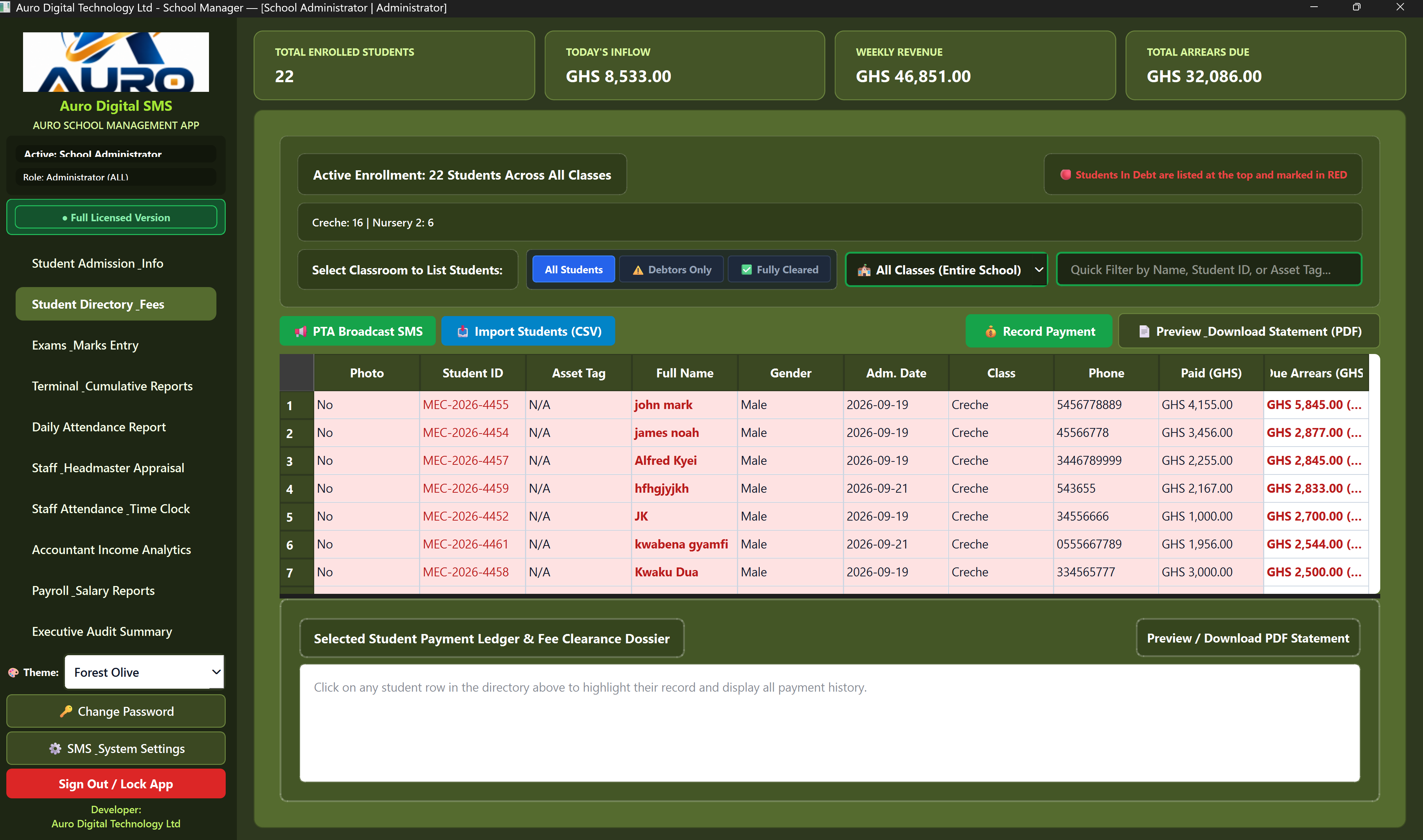 Earlier AuroPro student directory & fees screen showing fictional demonstration records